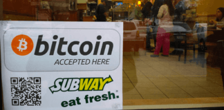 Picture of a Subway franchise indicating they accept Bitcoin.