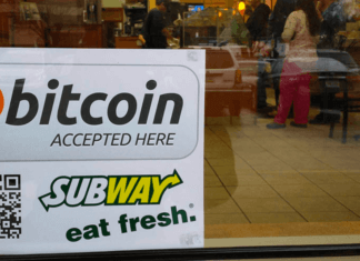 Picture of a Subway franchise indicating they accept Bitcoin.