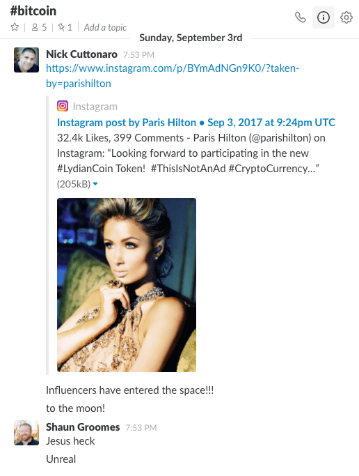 Conversation showcasing Paris Hilton's involvement with Lydian Coin